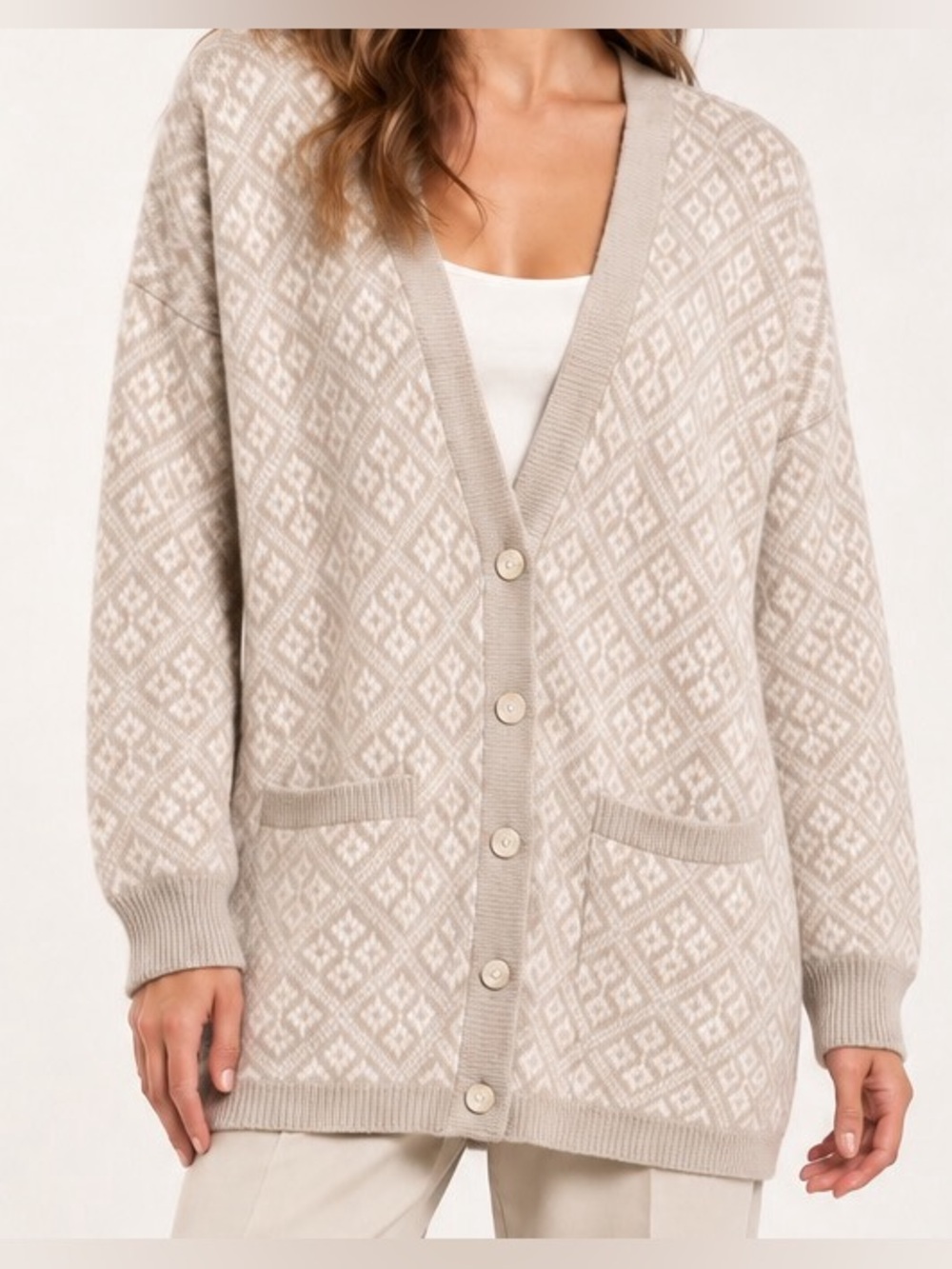 Chelsea Young Silk Angora Blend Geometric Cardigan Ivory Beige Size S